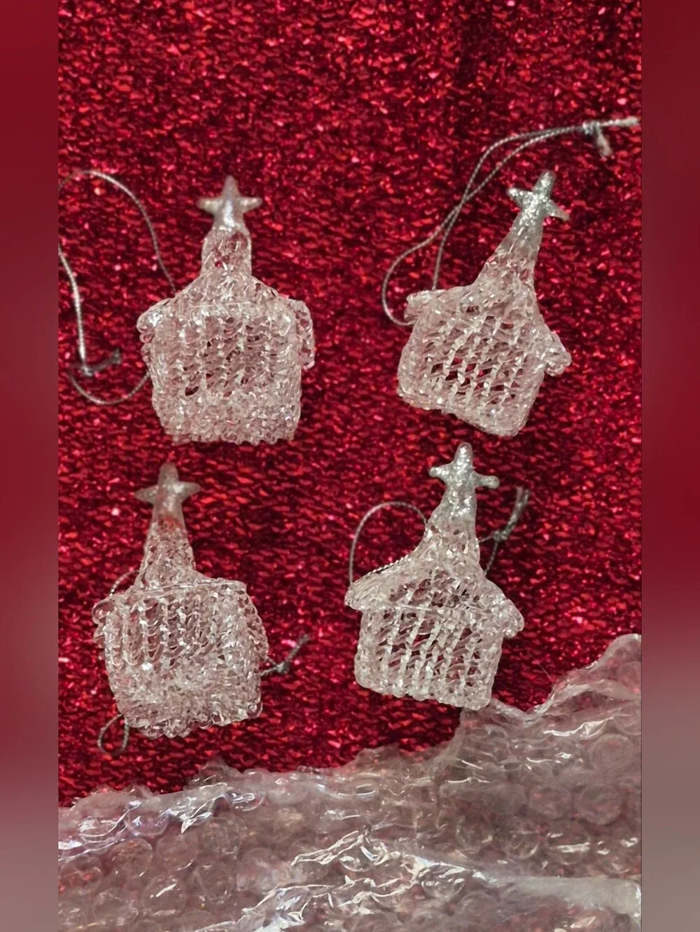 Clear Glitter Glass Church Ornament Set - Holiday Home Decor